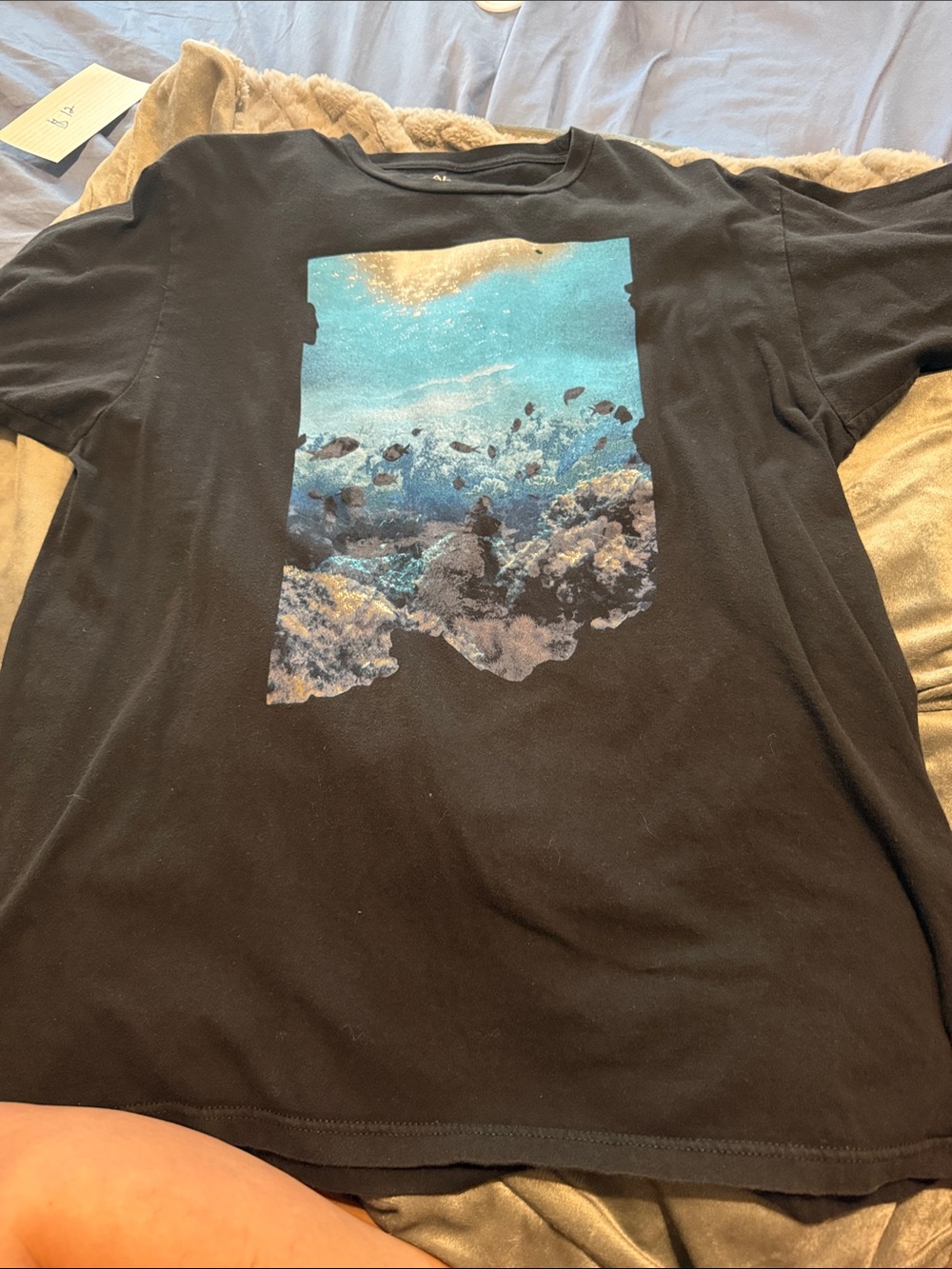 Black Graphic Tee with Ocean Print